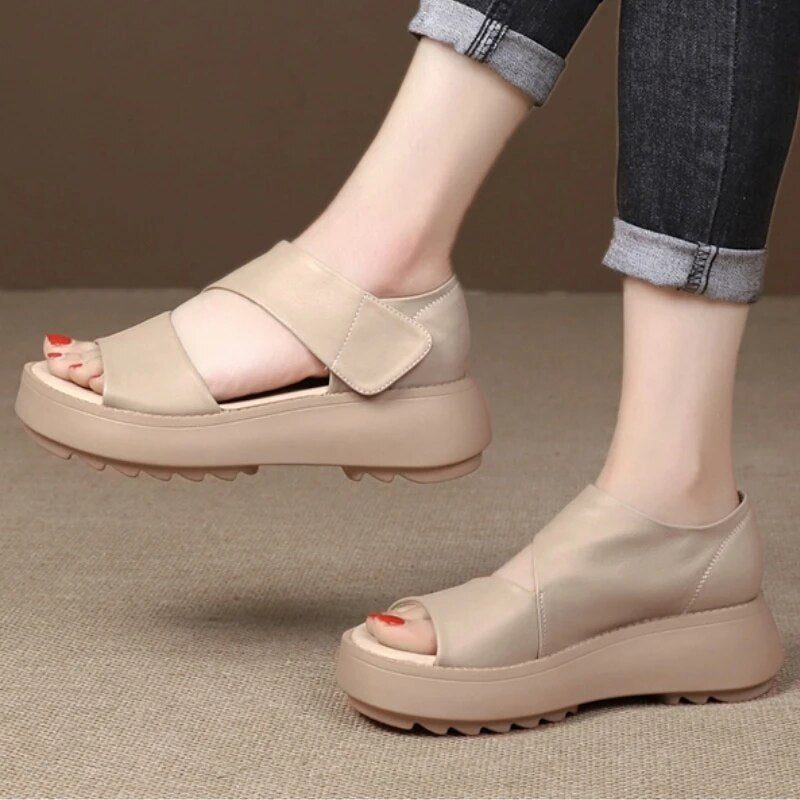Summer New Wedge Heel Open Toe Casual Luxury Designer Shoes Sandals Women's Handmade Retro Women's Thick Heel Platform Sandals
