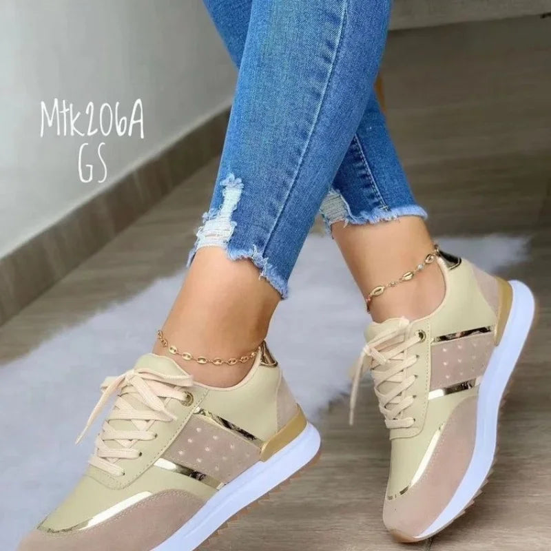 tênis ortopédico com detalhes dourados feminino confortável para caminhada