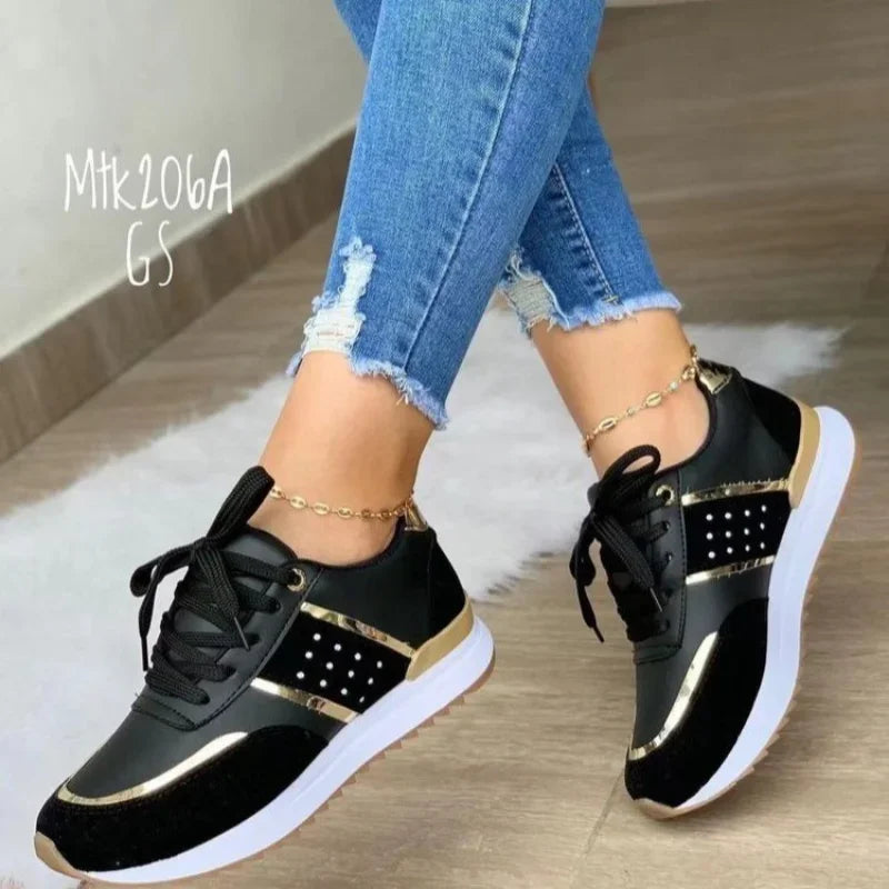 tênis ortopédico com detalhes dourados feminino confortável para caminhada