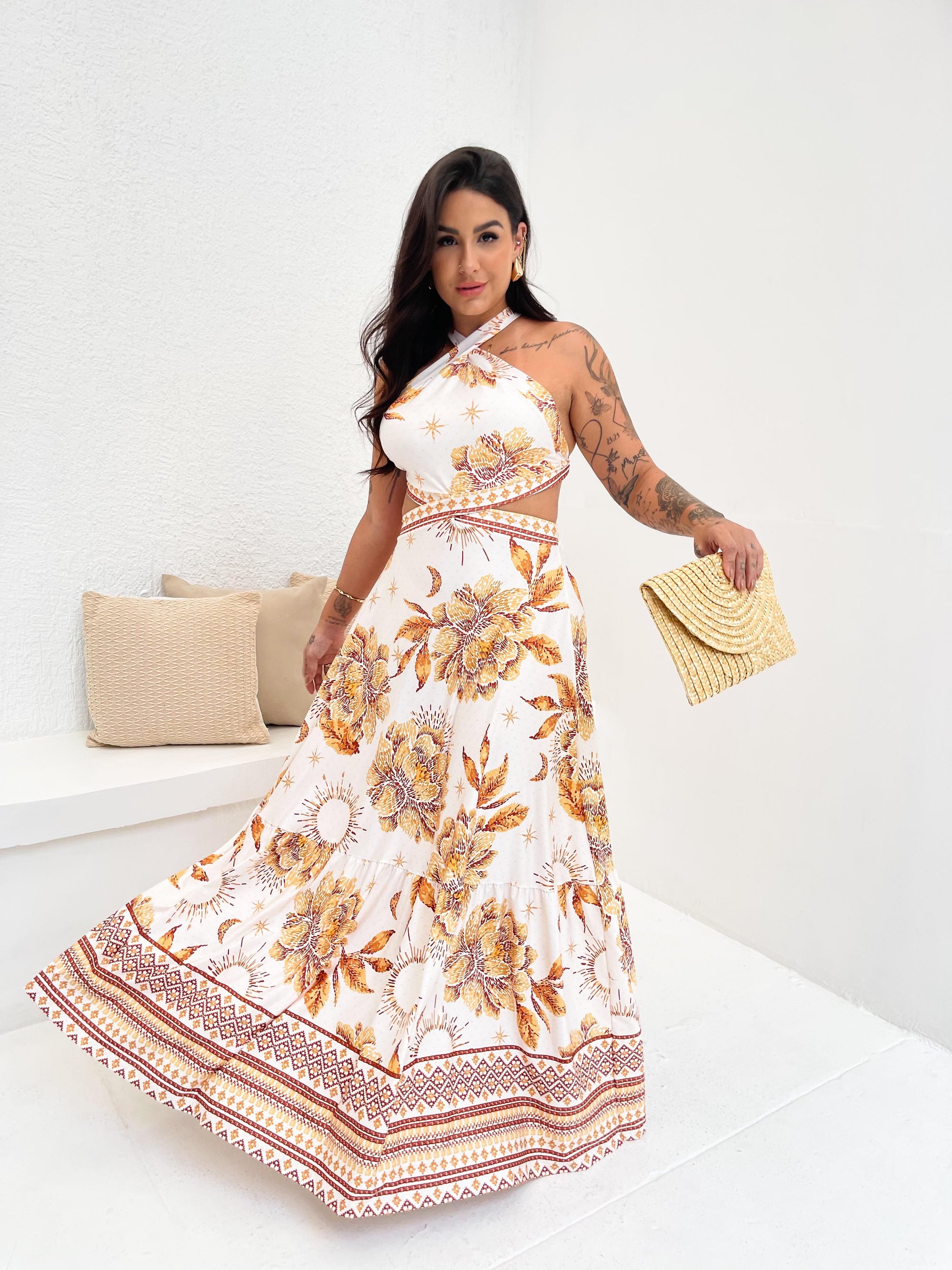 Vestido Longo Gabriela Jardim Dourado