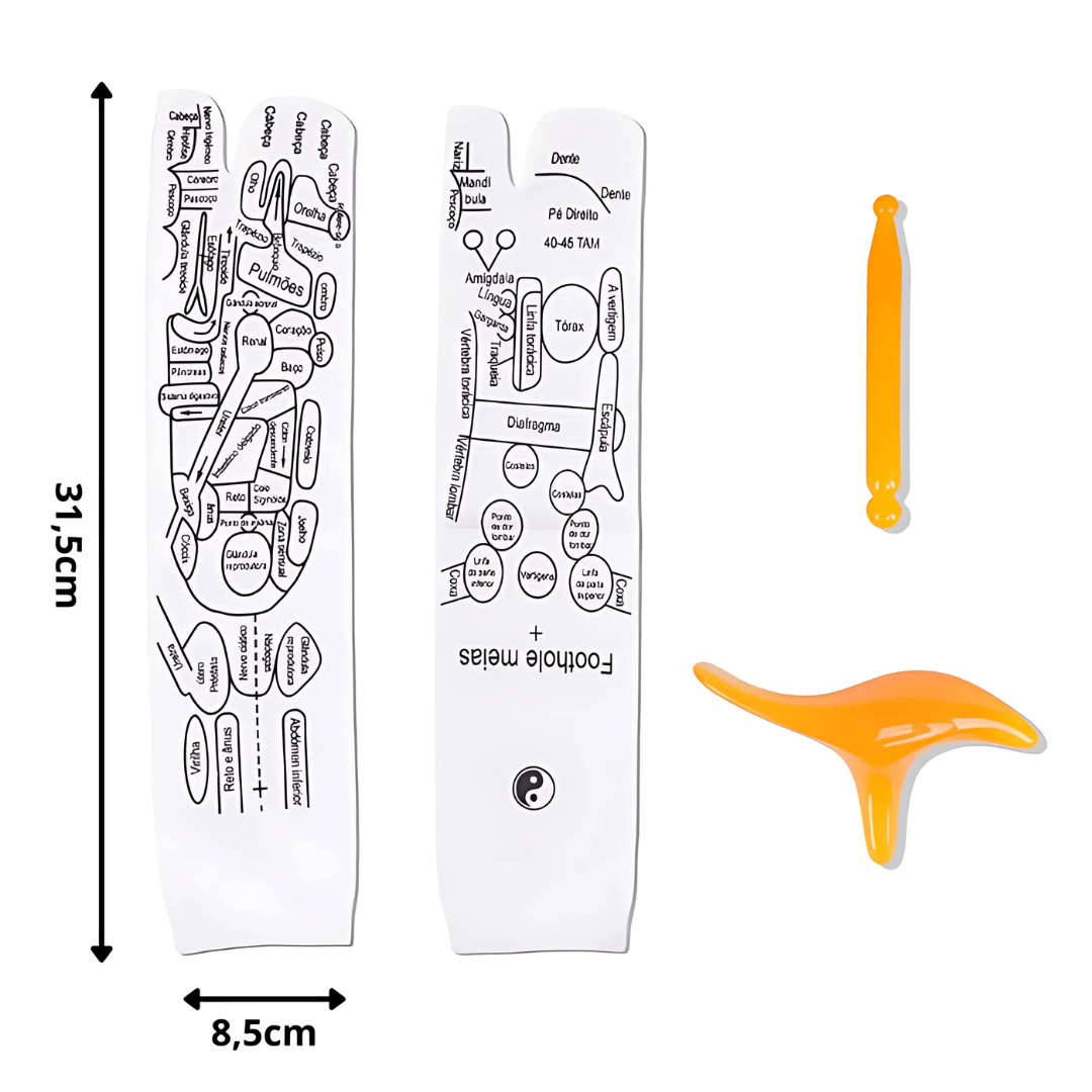 Kit Reflexologia Podal: Meias com Mapa e Massageador Terapêutico