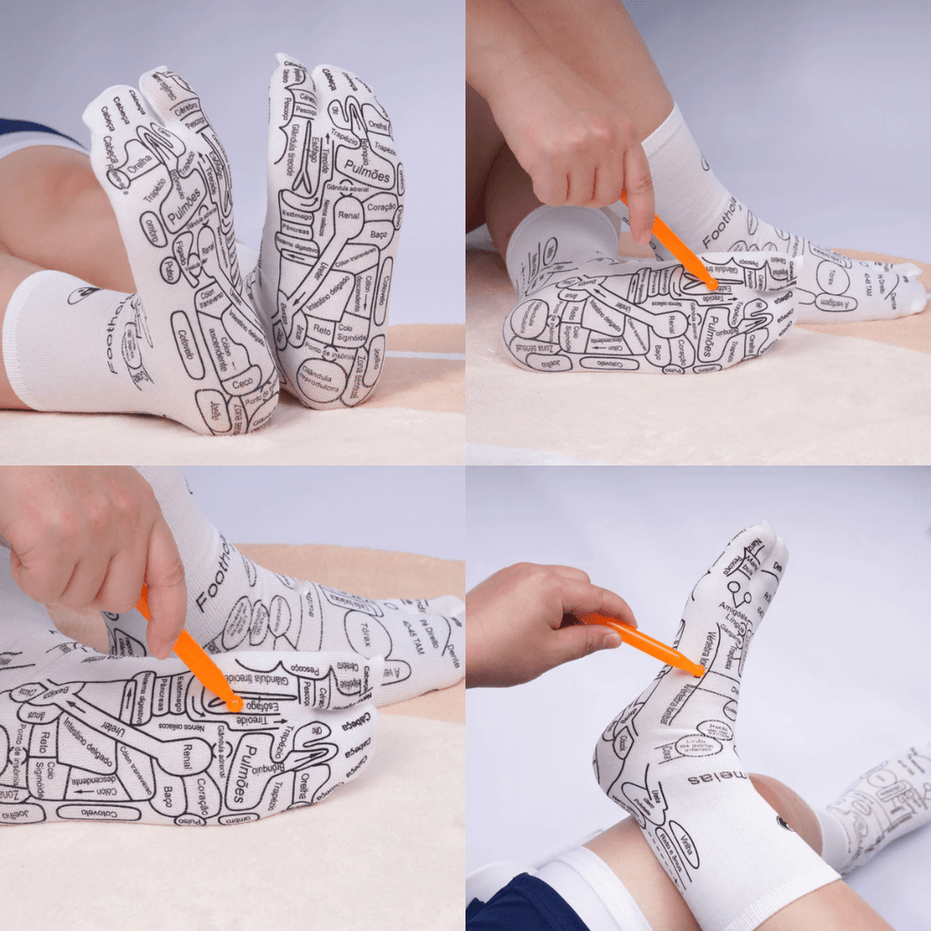 kit reflexologia podal: meias com mapa e massageador terapêutico