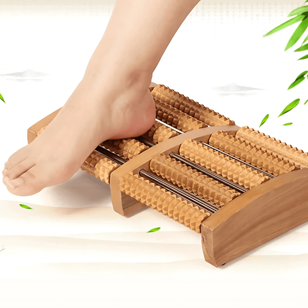 massageador de pés em madeira natural – alívio ergonômico e portátil